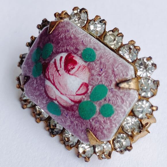 VTG 50s Reverse Painted Glass Rose Brooch Rhinestones Gold Tone Pin Mid Century - Picture 7 of 10
